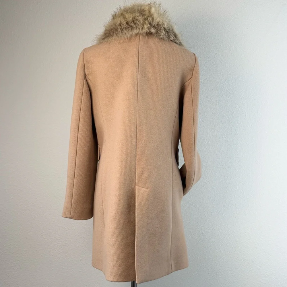 Zara Wool Blend Mid Length Coat Size M Faux Fur Removable Collar Camel Tan - Picture 5 of 17